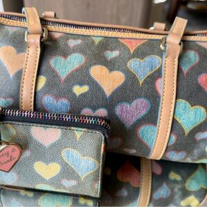 Dooney & Bourke Multi-Color Heart Print Handbag with Tan Leather Trim & Handles